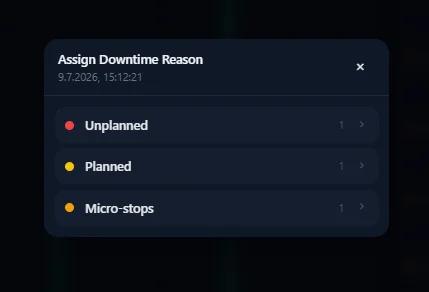 hopit operator prompt to assign a downtime reason (unplanned, planned, micro-stop)